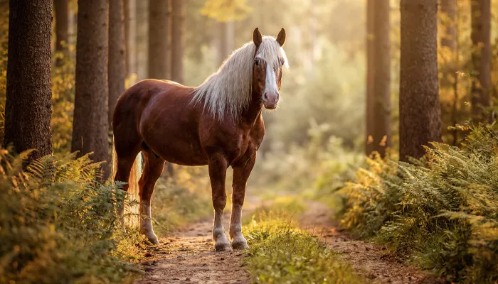 Braunes Pferd mit heller Mähne steht ruhig auf einem Waldweg in der Abendsonne, Pferdefotografie in Bremen und Niedersachsen von Ines Arnshoff.