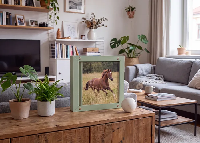 Handgefertigtes Fine-Art-Album mit Pferdefoto steht auf dem Sofatisch im Wohnzimmer, Fotoprodukt der Pferdefotografie Bremen von Ines Arnshoff.