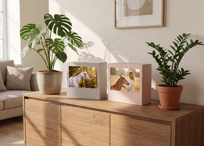 Zwei handgefertigte Bilderboxen mit dem Porträt eines Appaloosas und dem Foto einer Frau mit Fohlen, Fotoprodukt der Pferdefotografie Bremen von Ines Arnshoff.