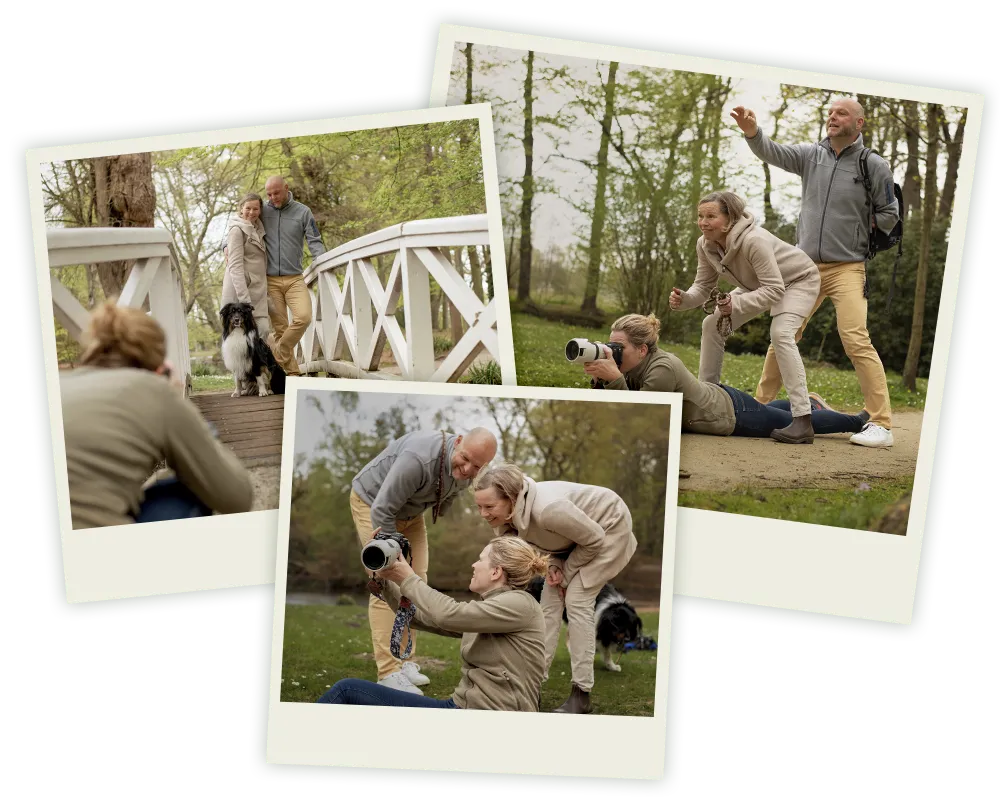 Hundefotografin Ines Arnshoff zeigt einem Paar die Aufnahmen auf der Kamera während des Hundefotoshootings, Behind the Scenes in Bremen und Niedersachsen.