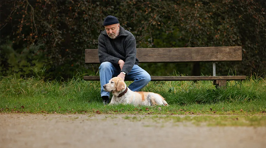 Älterer Mann sitzt auf einer Parkbank im Achterdiekpark Oberneuland, sein heller Hund liegt entspannt zu seinen Füßen, Hundefotografie in Bremen von Ines Arnshoff.