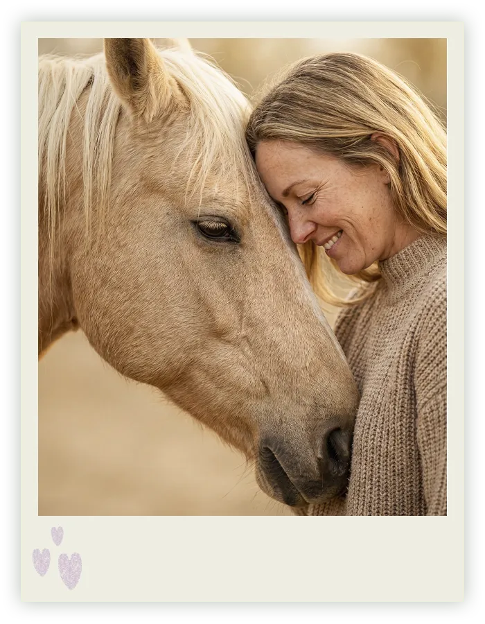Frau lehnt im goldenen Abendlicht Stirn an Stirn an ihren Haflinger, Pferdefotografie in Bremen und Niedersachsen von Ines Arnshoff.