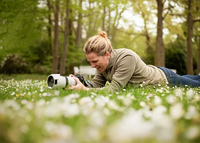 Tierfotografin Ines Arnshoff liegt auf der Wiese und fotografiert, Behind the Scenes Hundefotoshooting Bremen Oberneuland